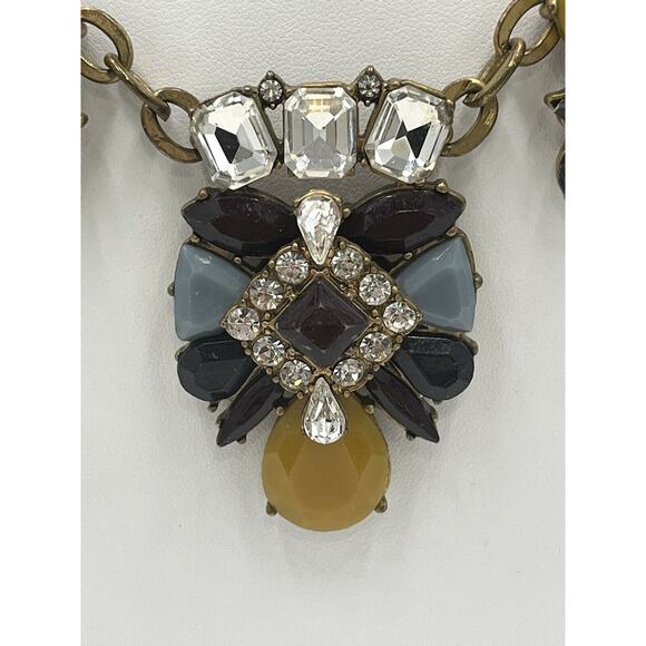 J. Crew Mustard Yellow Blue Eggplant Antique Gold Rhinestone Statement Necklace - Picture 5 of 14